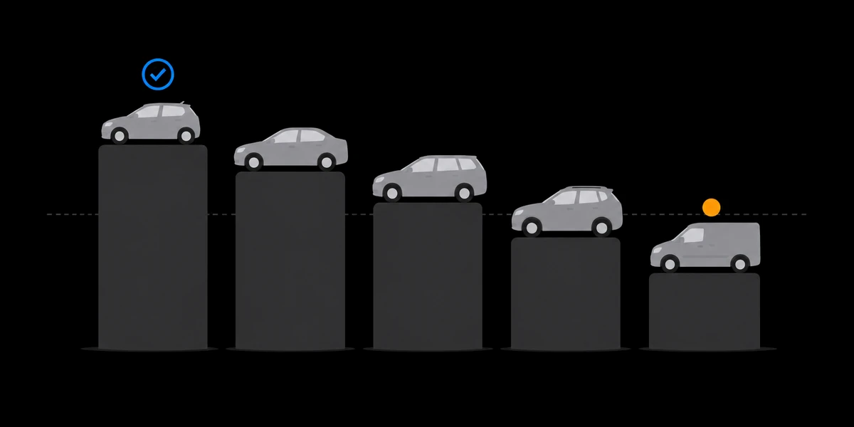 Five generic cars standing on bars of falling height, like a bar chart